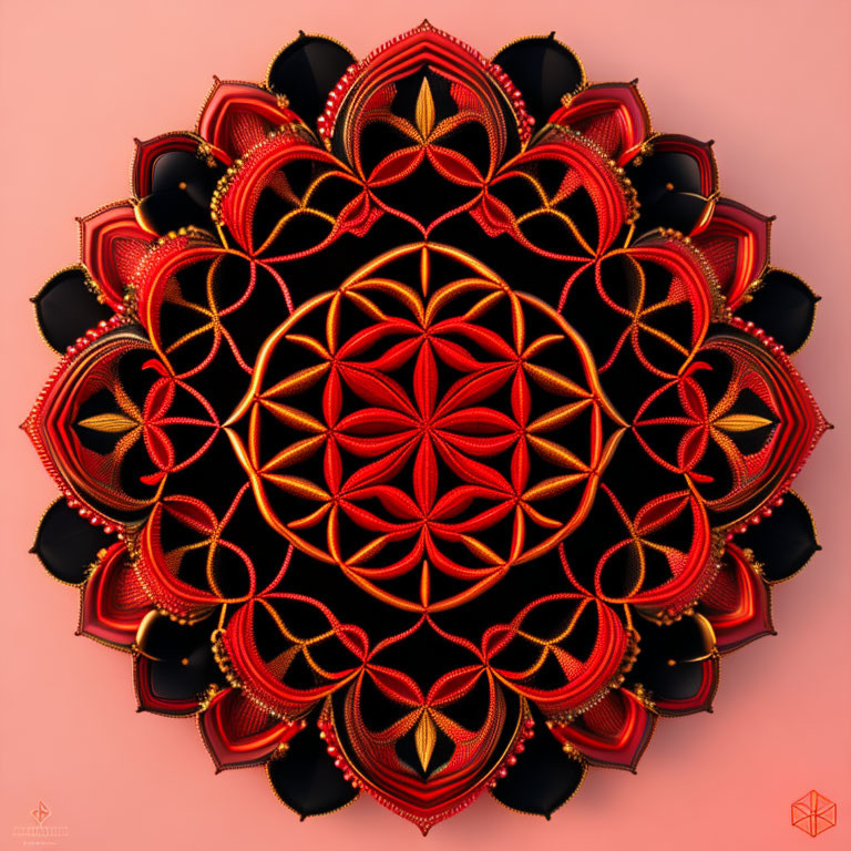 Symmetrical Red and Black Mandala Pattern on Pink Background