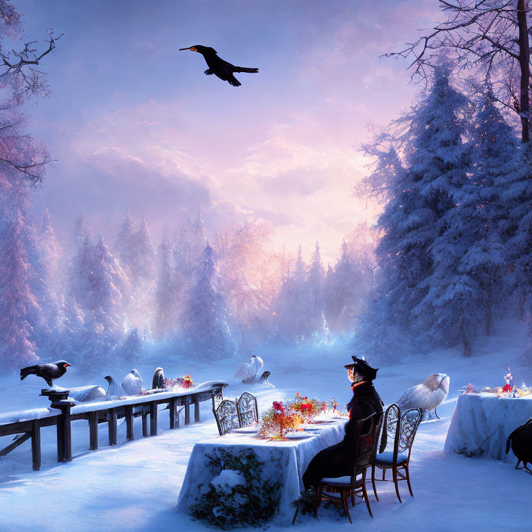 Person in hat at outdoor table in snowy winter scene with crows and flying bird