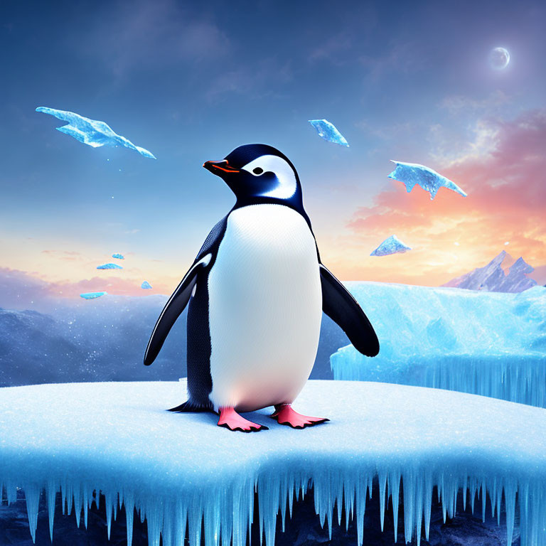 Penguin on Icy Surface with Mountains and Crescent Moon