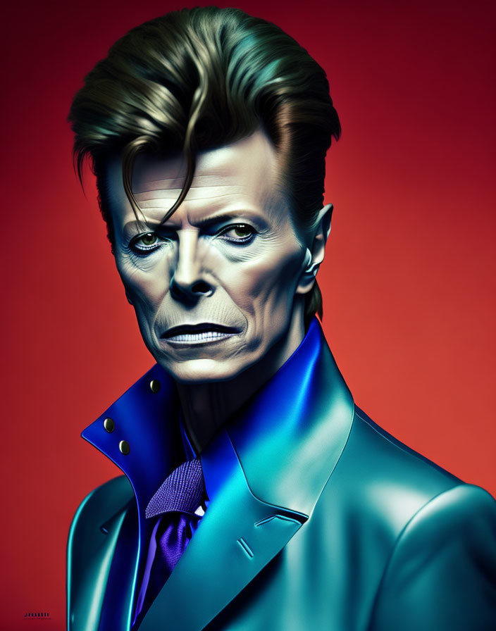 Stylized portrait of person with iconic hairstyle in blue suit on red background