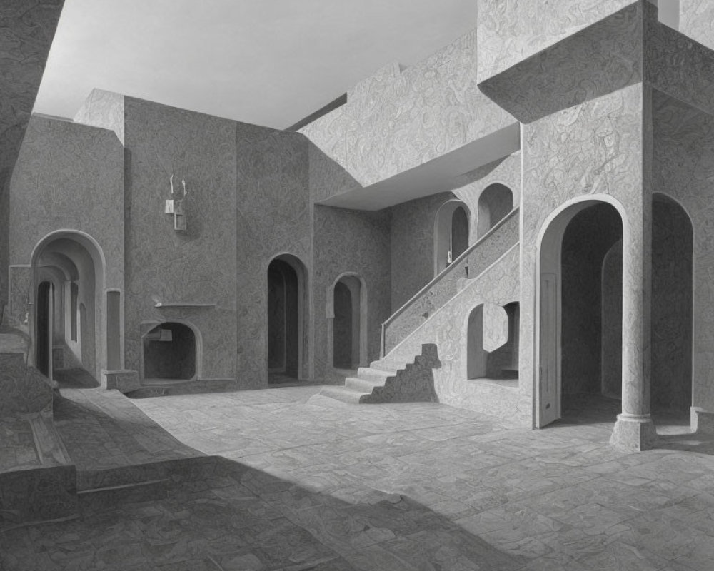 Surreal grayscale image of architectural space with staircases and archways