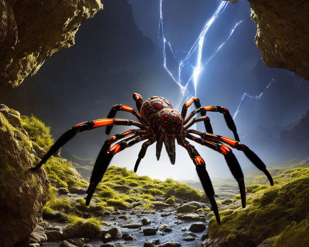 Menacing robotic spider in rugged canyon with lightning sky