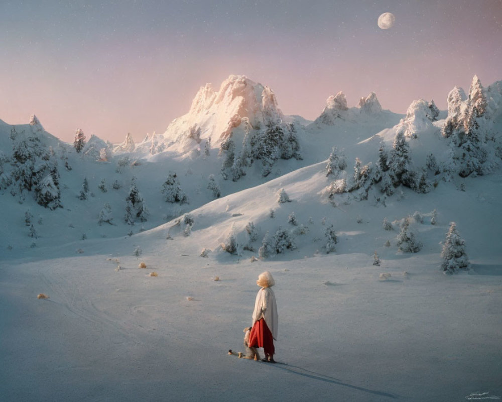 Person in Red Cloak with Small Dog in Snowy Mountain Landscape at Dusk