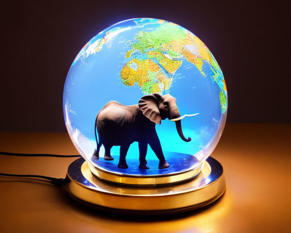 Glass Globe with Earth Map and Elephant Figure Illuminated on Warm Backlit Surface