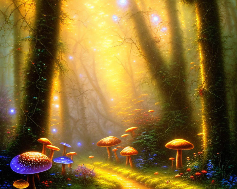 Enchanted forest path with glowing mushrooms and vibrant flora