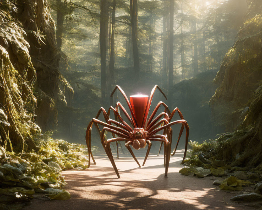 Metallic spider-like structure in sunlit forest path