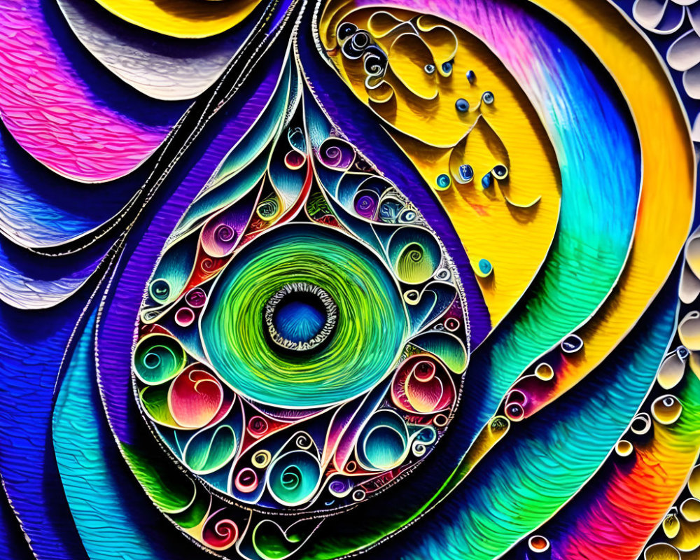 Vibrant paper quilling art with intricate spirals in blues, purples, yellows