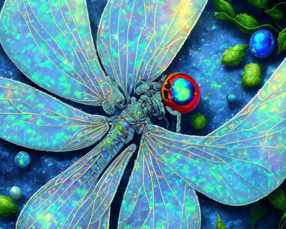 Colorful Dragonfly Artwork with Iridescent Wings and Magical Orbs