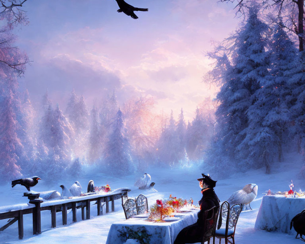 Person in hat at outdoor table in snowy winter scene with crows and flying bird