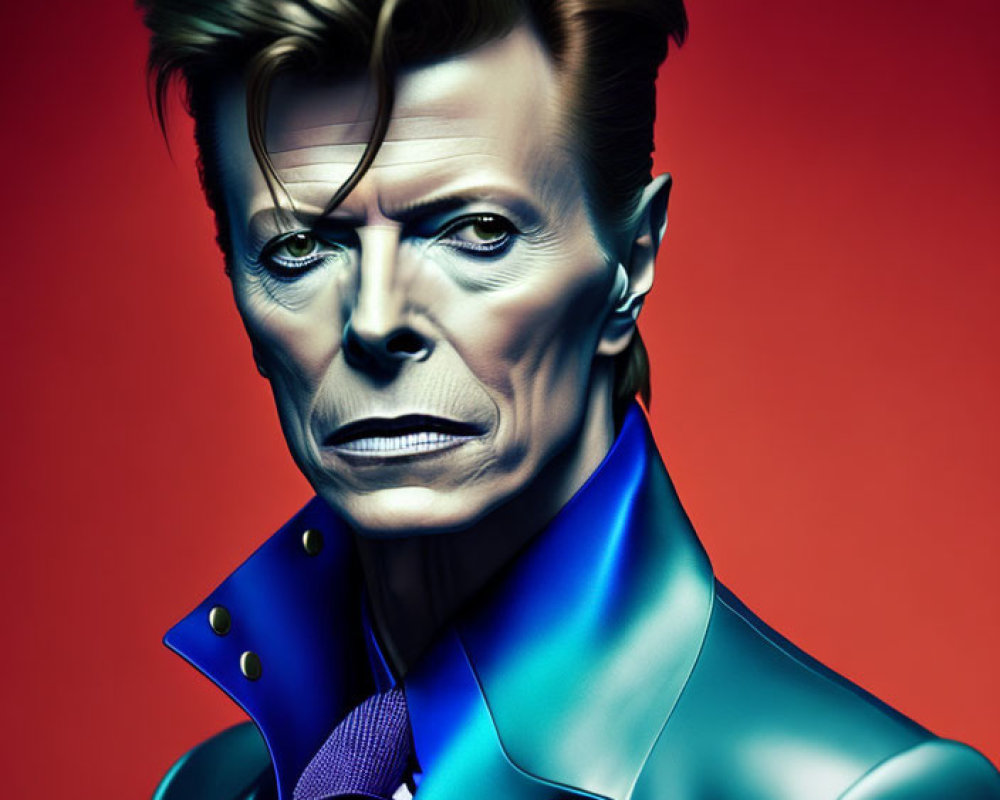 Stylized portrait of person with iconic hairstyle in blue suit on red background