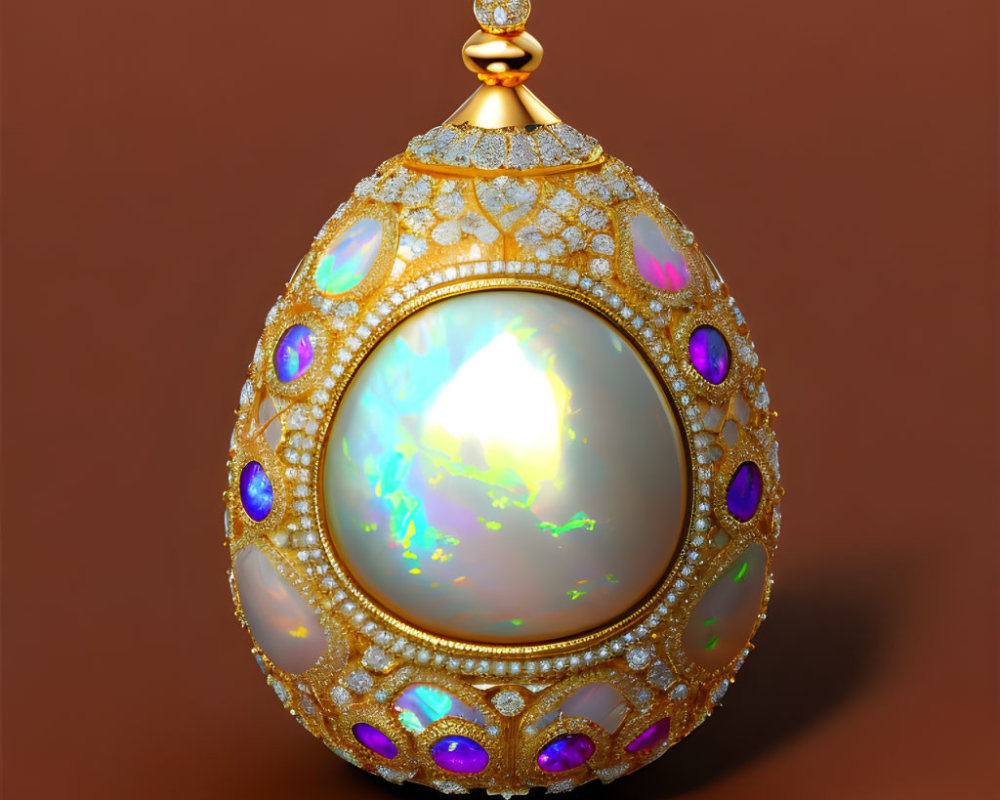 Golden egg with jewel encrustations and opalescent gem on brown background