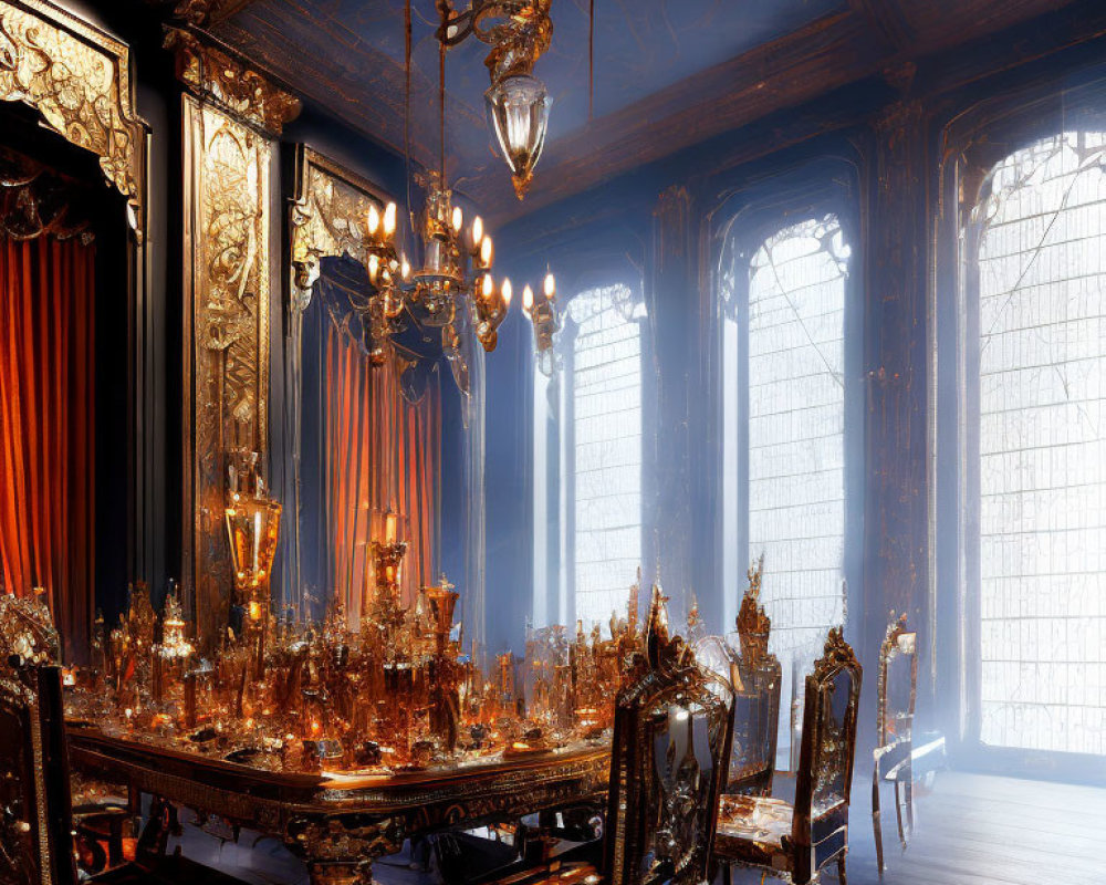 Luxurious Dining Room with Golden Dinnerware and Ornate Decor