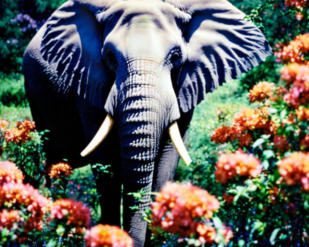 Elephant in vibrant flower garden with highlighted tusks and textured skin