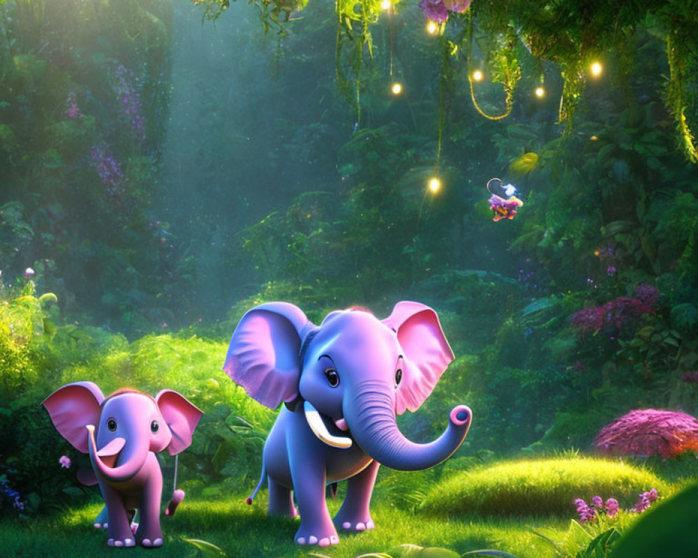 Cartoon elephants in enchanted jungle with lush greenery and pink flowers