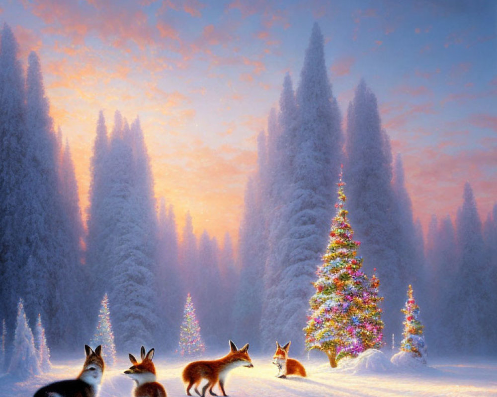 Group of Foxes on Snowy Path with Christmas Tree in Winter Forest