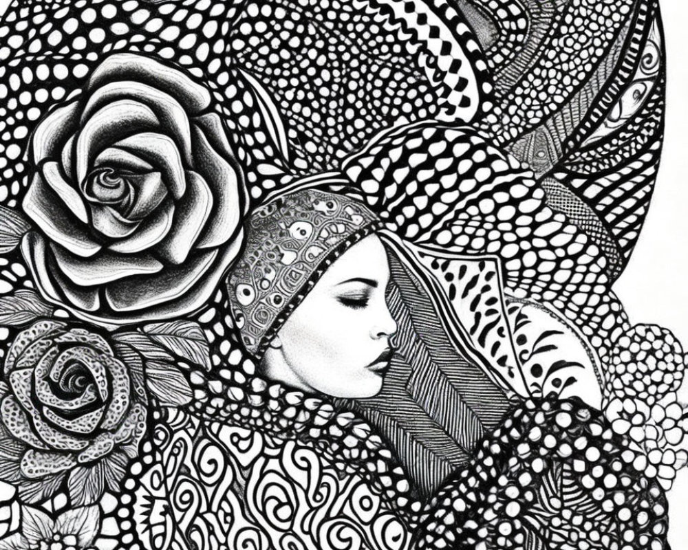 Monochrome Woman's Face with Patterned Headdress and Floral Designs