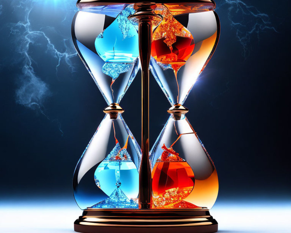 Colorful Hourglass with Orange and Blue Elements on Dark Background