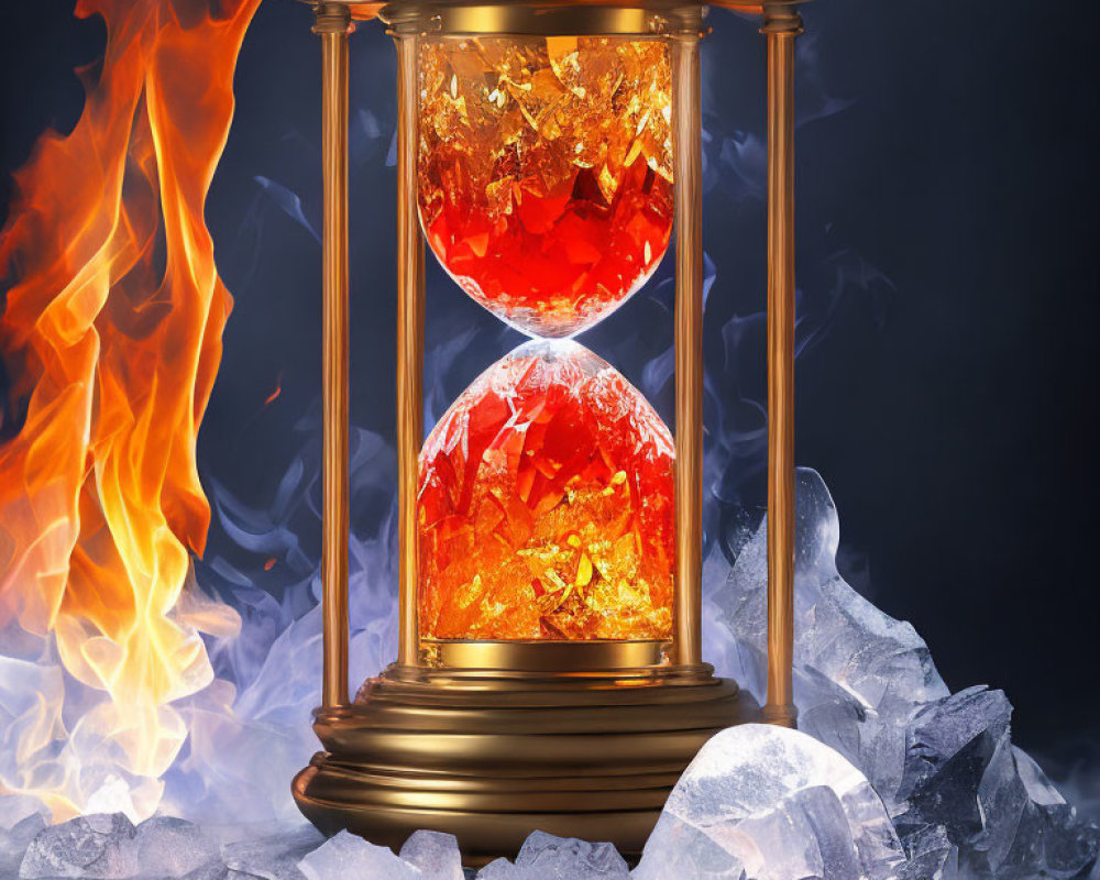 Ornate Hourglass with Glowing Amber Crystals Amid Flames and Ice