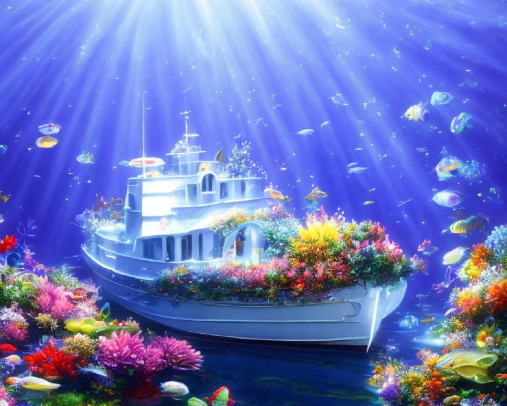 Colorful Underwater Boat Illustration with Marine Life