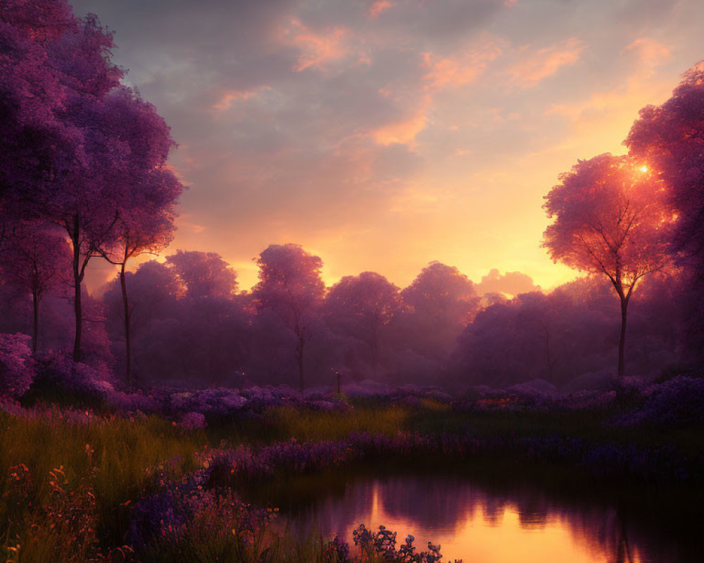 Tranquil violet trees reflecting on serene pond at sunset