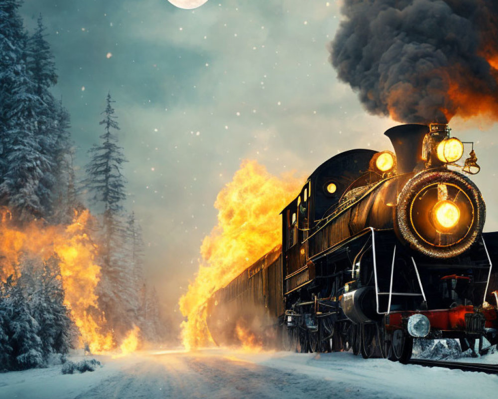 Vintage train on snowy forest tracks under full moon with flying sparks