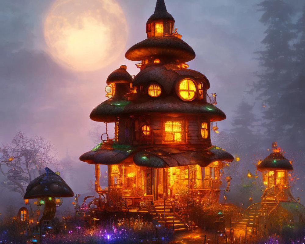 Enchanting multi-tiered treehouse in mystical garden at night