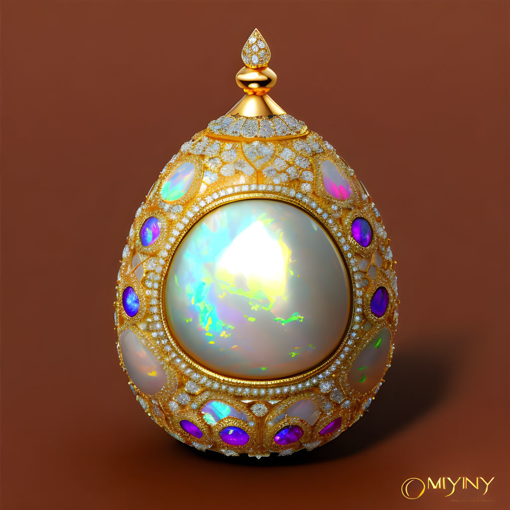 Golden egg with jewel encrustations and opalescent gem on brown background