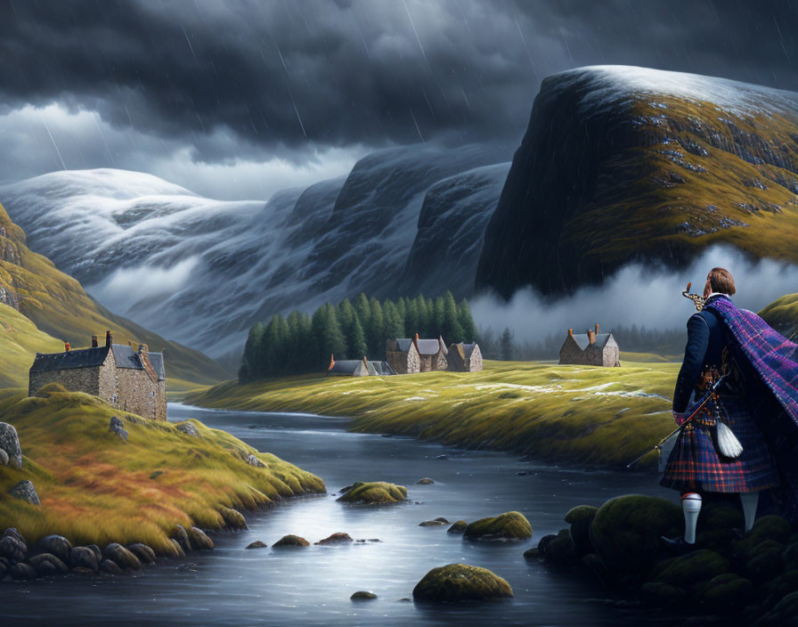 Person in kilt by misty river in lush valley with traditional houses and fog-covered hills.