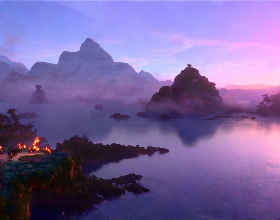 Tranquil twilight landscape with misty lake, mountain silhouettes, campfire, and pag