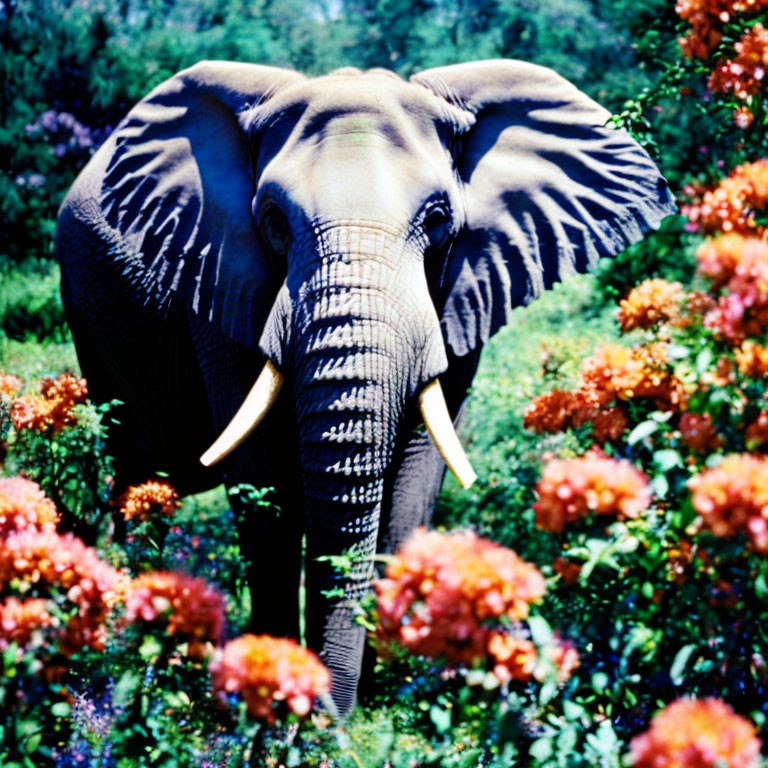 Elephant in vibrant flower garden with highlighted tusks and textured skin