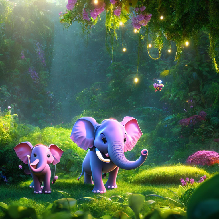 Cartoon elephants in enchanted jungle with lush greenery and pink flowers