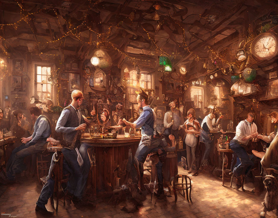 Vintage tavern filled with patrons, games, and warm decor