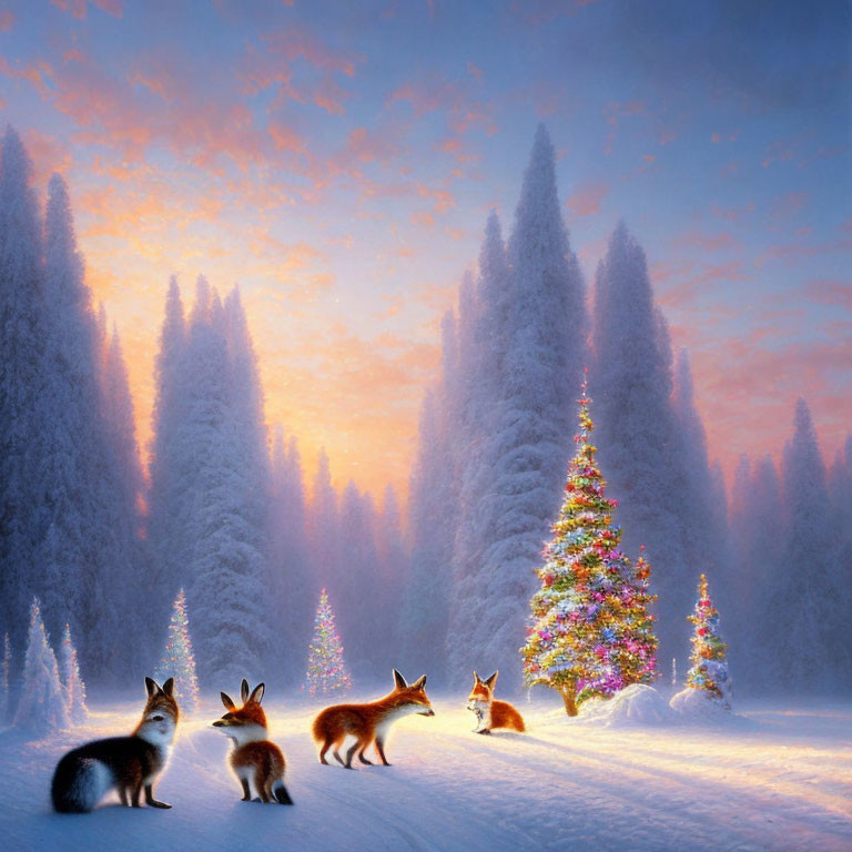 Group of Foxes on Snowy Path with Christmas Tree in Winter Forest