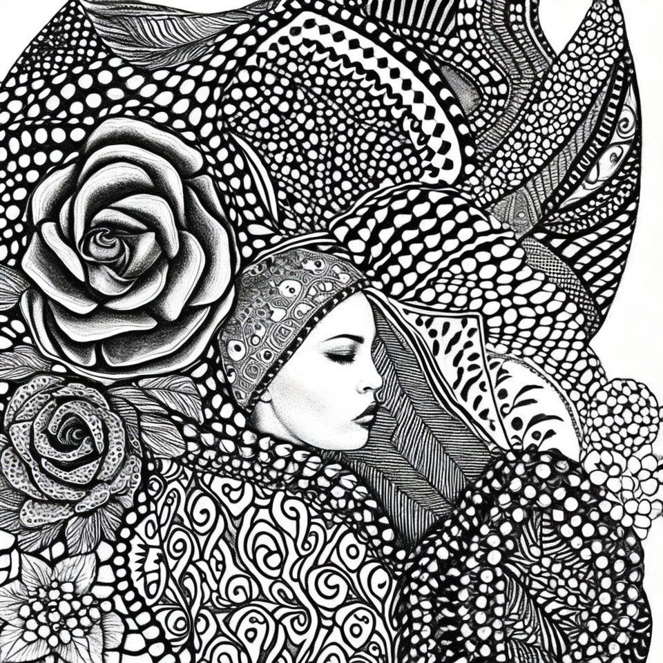 Monochrome Woman's Face with Patterned Headdress and Floral Designs