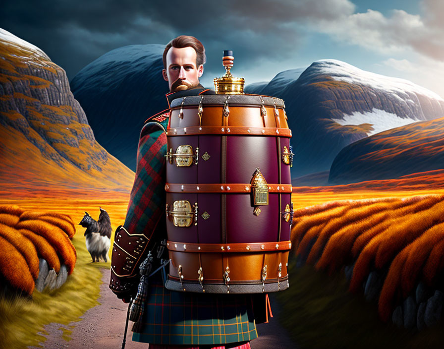 Surreal Scottish highland landscape with kilt-wearing man and whisky barrel