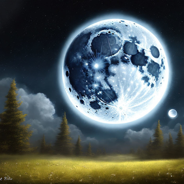 Detailed Fantasy Nightscape with Oversized Moon and Serene Forest