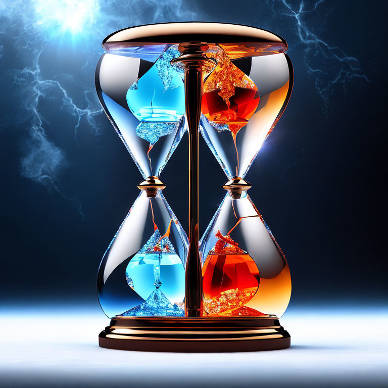 Colorful Hourglass with Orange and Blue Elements on Dark Background