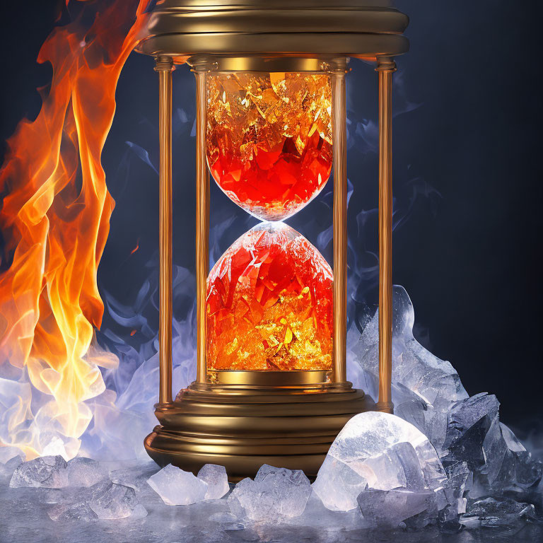 Ornate Hourglass with Glowing Amber Crystals Amid Flames and Ice