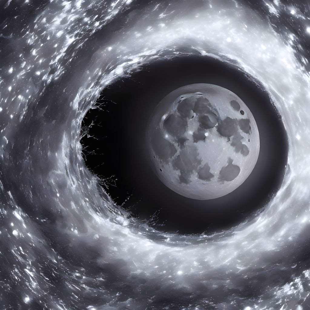 Moon with swirling galaxy backdrop in detailed image