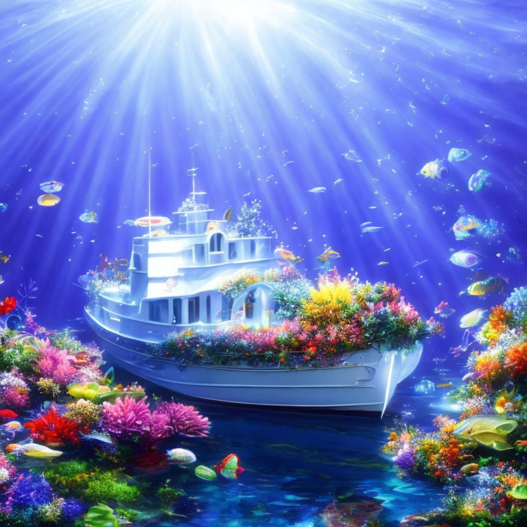 Colorful Underwater Boat Illustration with Marine Life