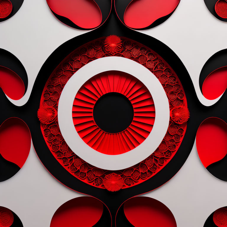 Geometric Red and Black Circle with Petal-like Shapes on White Background