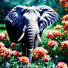 Elephant in vibrant flower garden with highlighted tusks and textured skin