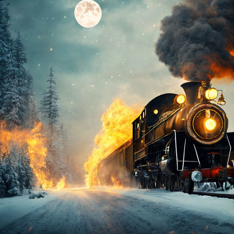 Vintage train on snowy forest tracks under full moon with flying sparks