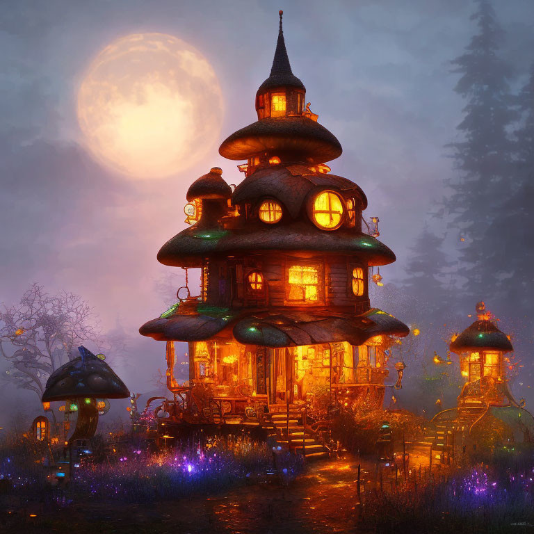 Enchanting multi-tiered treehouse in mystical garden at night