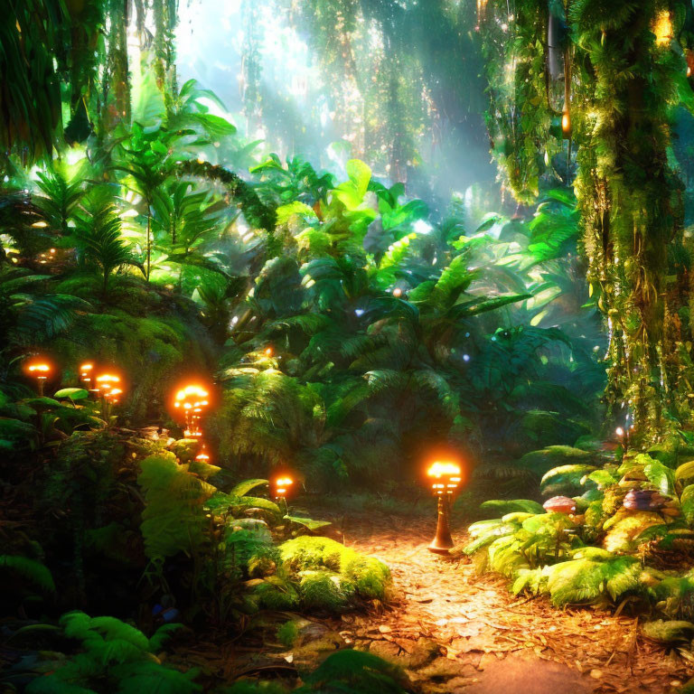 Enchanted forest path with glowing lanterns and lush greenery