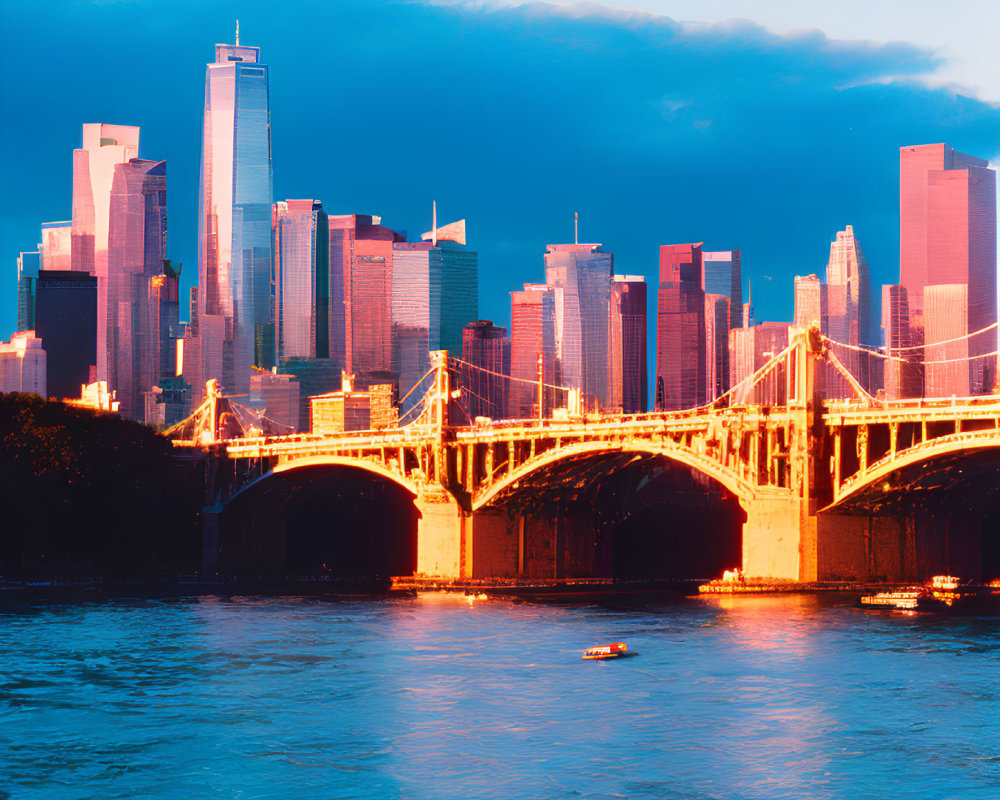 City skyline with illuminated bridge over river at sunset