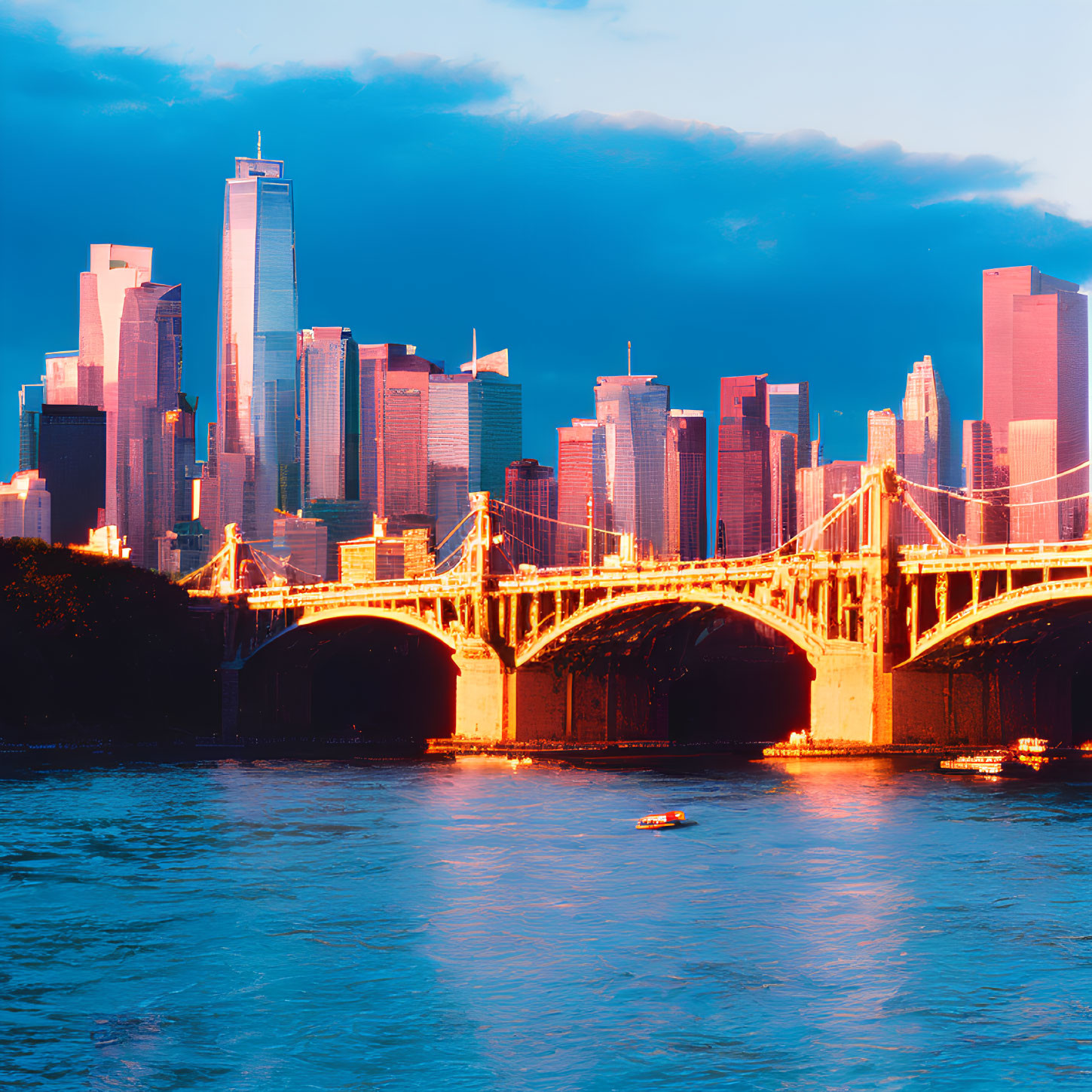 City skyline with illuminated bridge over river at sunset