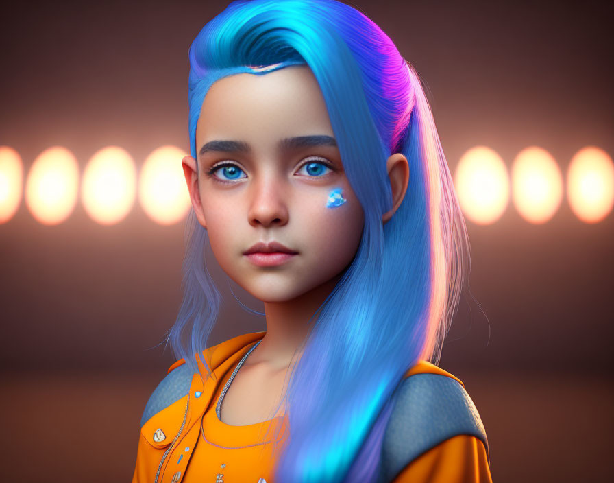 Portrait of young girl with blue ombre hair and orange jacket on bokeh light background