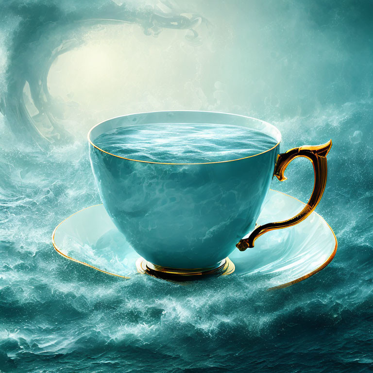 Giant teacup filled with ocean water on saucer in stormy seas