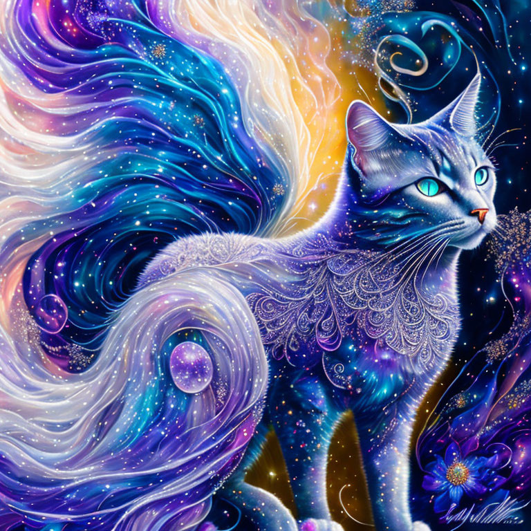 Vivid mystical blue cat with ornate fur patterns in cosmic setting